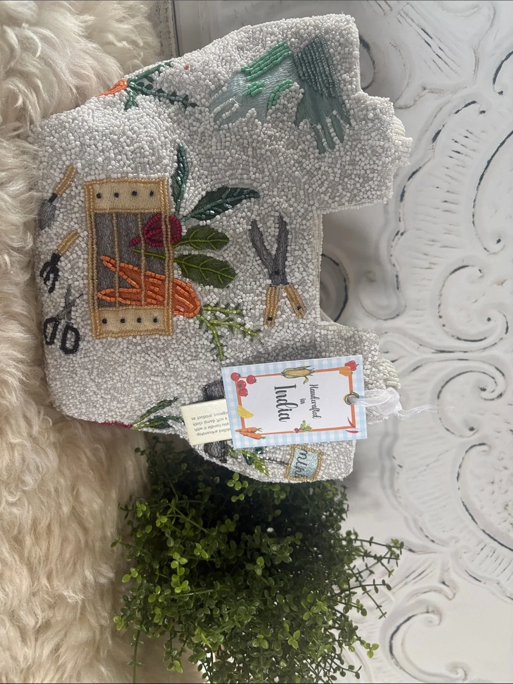 Hand Crafted Cream Holiday Pillow with Colorful Embroidered Garden Motifs